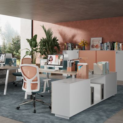 Foshan office furniture factory staff desk facing two people with cabinet, lockable office desk, screen style computer desk