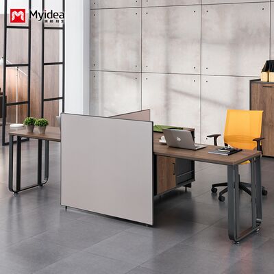 Two person office desk with steel leg storage side cabinet, staff desk made of melamine board material